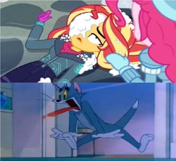 Size: 1084x992 | Tagged: safe, artist:luizhenriquepeixotov, edit, edited screencap, screencap, pinkie pie, sunset shimmer, better together, equestria girls, holidays unwrapped, meme, saving pinkie's pie, tom and jerry, tom cat