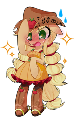 Size: 1023x1611 | Tagged: safe, artist:katuhira_rinmi, applejack, earth pony, pony, friendship through the ages, bipedal, blushing, clothes, country applejack, cute, dress, equestria girls outfit, floppy ears, jackabetes, simple background, solo, white background