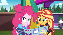 Size: 1920x1080 | Tagged: safe, screencap, max steele, pinkie pie, sunset shimmer, better together, equestria girls, sunset's backstage pass!, brochure, cute, diapinkes, duo, duo female, female, geode of sugar bombs, magical geodes, male, outdoors, security guard, shimmerbetes, smiling