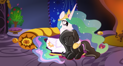 Size: 4780x2585 | Tagged: safe, artist:nxzc88, princess celestia, oc, oc:rubbergrip, alicorn, earth pony, pony, absurd resolution, crying, eyes closed, hug, latex, latex pony, living latex, prone, tears of joy, vector