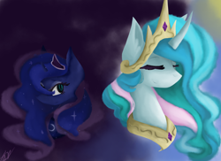 Size: 2850x2076 | Tagged: safe, artist:lovelydreams14, princess celestia, princess luna, alicorn, pony, bust, crown, eyes closed, female, jewelry, mare, peytral, portrait, regalia, royal sisters