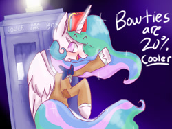 Size: 1024x768 | Tagged: safe, artist:emuuanne, princess celestia, alicorn, pony, 20% cooler, blushing, bowtie, bowties are cool, clothes, costume, crossover, doctor who, fez, hat, meme, open mouth, smiling, solo