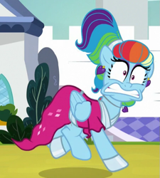 Size: 453x503 | Tagged: safe, derpibooru import, screencap, rainbow dash, pegasus, pony, sparkle's seven, clothes, cropped, dress, female, mare, megaradash, rainbow dash always dresses in style, rainbow dash is best facemaker, solo