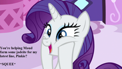 Size: 1280x720 | Tagged: safe, edit, edited screencap, screencap, rarity, pony, unicorn, the cart before the ponies, carousel boutique, fashion, happy, implied pinkie pie, smiling, squee, squishy cheeks, text, that pony sure does love fashion, that pony sure does love gems