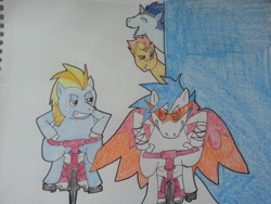 Size: 1024x768 | Tagged: safe, artist:thatdamntenpin, derpibooru import, lightning streak, soarin', spitfire, oc, oc:air mach, fanfic:piercing the heavens, fake horn, fanfic, fanfic art, kamina sunglasses, race, traditional art, tricycle