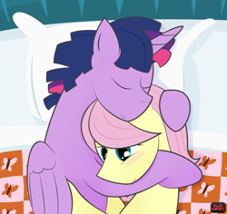 Size: 4000x3770 | Tagged: safe, artist:blackwater627, derpibooru import, butterscotch, dusk shine, fluttershy, prince dusk, twilight sparkle, twilight sparkle (alicorn), alicorn, pegasus, pony, bed, buttershine, cuddling, gay, male, rule 63, shipping, snuggling, twishy