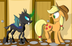 Size: 5700x3700 | Tagged: safe, artist:flamethegamer, applejack, changeling, earth pony, pony, magic, startled