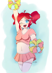 Size: 849x1200 | Tagged: safe, artist:artyfour, pinkie pie, human, alternate hairstyle, belly button, cheerleader, cheerleader outfit, cheerleader pinkie, clothes, cute, diapinkes, female, humanized, midriff, miniskirt, moe, one eye closed, open mouth, pigtails, pixiv, pleated skirt, pom pom, short shirt, skirt, socks, solo, thigh highs, wink, zettai ryouiki