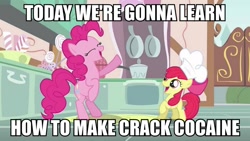 Size: 889x500 | Tagged: safe, screencap, apple bloom, pinkie pie, earth pony, pony, call of the cutie, cocaine, drugs, image macro, meme