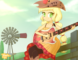 Size: 1450x1114 | Tagged: safe, artist:riouku, applejack, equestria girls, friendship through the ages, rainbow rocks, alternate hairstyle, bass guitar, country applejack, cute, jackabetes, musical instrument, pigtails, sleeveless, solo, windmill