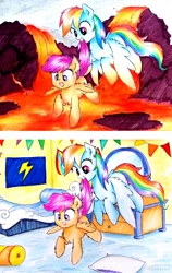 Size: 2650x4197 | Tagged: safe, artist:liaaqila, derpibooru import, rainbow dash, scootaloo, pegasus, pony, best pony, cute, cutealoo, dashabetes, heartwarming, holding tail, playing, room, scootalove, the floor is lava, volcano