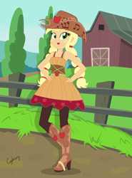 Size: 4840x6533 | Tagged: safe, artist:thebrokencog, applejack, equestria girls, friendship through the ages, rainbow rocks, '90s, absurd resolution, boots, country applejack, cowboy boots, cowboy hat, freckles, hat, high heel boots, high heels, music notes, shoes, sleeveless, solo