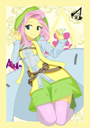 Size: 739x1052 | Tagged: safe, alternate version, artist:holo, fluttershy, equestria girls, assassin's creed, cloak, clothes, crossover, cute, cutie mark, female, hood, pixiv, shyabetes, socks, solo, thigh highs