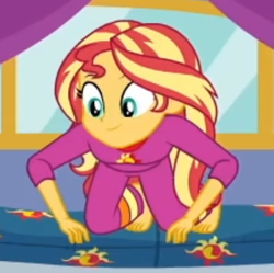 Size: 2100x2090 | Tagged: safe, screencap, sunset shimmer, better together, equestria girls, sunset's backstage pass!, barefoot, clothes, cropped, feet, pajamas, smiling, solo