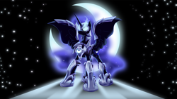 Size: 1920x1080 | Tagged: safe, artist:zedrin, derpibooru import, nightmare moon, armor, backlighting, glowing eyes, moon, solo, wallpaper, warrior luna