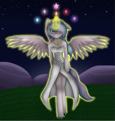 Size: 563x592 | Tagged: safe, artist:madelyn7, princess celestia, alicorn, anthro, unguligrade anthro, clothes, elements of harmony, looking at you, magic, solo, spread wings