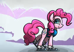 Size: 1754x1240 | Tagged: safe, artist:rambopvp, pinkie pie, earth pony, pony, winter wrap up, female, ice skates, ice skating, mare, snow, solo, weather team, winter, winter wrap up vest