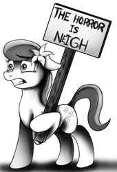 Size: 543x800 | Tagged: safe, artist:jamescorck, edit, lily, lily valley, earth pony, pony, female, floppy ears, mare, monochrome, pun, sign, solo, the horror