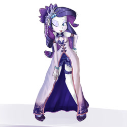 Size: 2000x2000 | Tagged: safe, artist:shogundun, rarity, equestria girls, clothes, dress, ear piercing, hair accessory, hand on hip, one eye closed, piercing, pose, solo, tongue out, wink