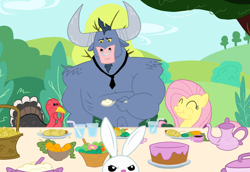 Size: 1446x992 | Tagged: safe, artist:creepycurse, angel bunny, fluttershy, iron will, pegasus, pony, food, meat, thanksgiving, turkey