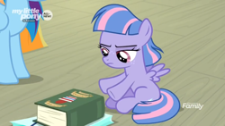 Size: 1366x768 | Tagged: safe, derpibooru import, screencap, rainbow dash, wind sprint, pegasus, pony, common ground, book, duo, female, filly, mare, shopping bag, solo focus, unamused