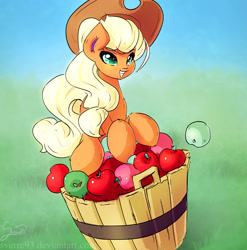 Size: 1063x1076 | Tagged: safe, artist:sverre93, applejack, earth pony, pony, apple, bucket, cute, jackabetes, smiling, solo, that pony sure does love apples