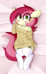 Size: 2200x3500 | Tagged: safe, artist:fullmetalpikmin, roseluck, earth pony, semi-anthro, bare shoulders, blushing, body pillow, both cutie marks, clothes, cute, female, looking at you, mare, ribbed sweater, socks, sweater, thigh highs, zettai ryouiki