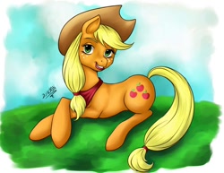 Size: 1100x850 | Tagged: safe, artist:dslycaon, applejack, earth pony, pony, crossed hooves, lipstick, looking at you, neckerchief, prone, solo