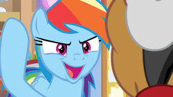 Size: 1366x768 | Tagged: safe, derpibooru import, screencap, quibble pants, rainbow dash, earth pony, pegasus, pony, common ground, back of head, duo, faic, female, male, mare, rainbow dash is best facemaker, smiling, stallion