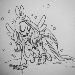 Size: 1080x1080 | Tagged: safe, artist:brendahickey, fluttershy, pegasus, pony, monochrome, snow, snowfall, solo, traditional art