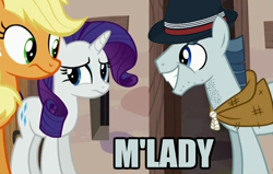 Size: 850x540 | Tagged: safe, screencap, applejack, party favor, rarity, earth pony, pony, unicorn, the cutie map, awkward, fedora, hat, image macro, m'lady, meme, neckbeard, stare