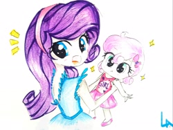 Size: 2821x2120 | Tagged: safe, artist:liaaqila, rarity, sweetie belle, equestria girls, :t, female, looking over shoulder, open mouth, simple background, sisters, traditional art, white background, younger