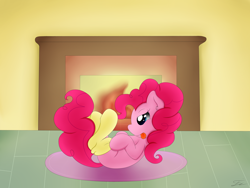 Size: 4000x3000 | Tagged: safe, artist:fluttair, pinkie pie, earth pony, pony, clothes, ear fluff, fireplace, on back, socks, solo, tongue out