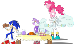 Size: 2500x1500 | Tagged: safe, artist:polaicy, pinkie pie, earth pony, pony, blaze the cat, cooked, crossover, cupcake, dead, female, food, levitation, magic, mare, meat, psychic powers, silver the hedgehog, sonic the hedgehog, sonic the hedgehog (series), table, telekinesis, turkey