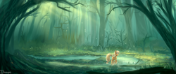 Size: 2350x1000 | Tagged: dead source, safe, artist:shamanguli, applejack, earth pony, pony, forest, scenery, solo