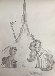 Size: 640x889 | Tagged: safe, artist:adolfhangtler, princess celestia, oc, alicorn, pony, female, mare, rocket, to the moon, traditional art