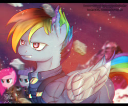 Size: 1599x1321 | Tagged: safe, artist:lasky111, maud pie, pinkie pie, rainbow dash, earth pony, pegasus, pony, the cutie re-mark, alternate timeline, apinkalypse pie, apocalypse dash, apocalypse maud, crystal war timeline, gritted teeth, pinkamena diane pie, solo focus