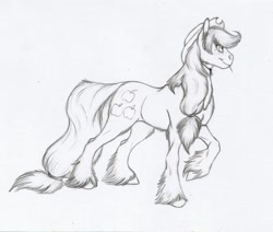 Size: 1024x867 | Tagged: safe, artist:biakela, applejack, earth pony, pony, monochrome, raised hoof, simple background, solo, traditional art, unshorn fetlocks