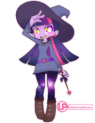 Size: 800x1035 | Tagged: safe, artist:lolopan, derpibooru import, twilight sparkle, equestria girls, belt, boots, clothes, crossover, cute, dress, hat, little witch academia, pantyhose, shoes, skirt, solo, witch, witch hat