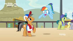 Size: 1366x768 | Tagged: safe, derpibooru import, screencap, rainbow dash, earth pony, pegasus, pony, common ground, baseball cap, cap, clothes, discovery family logo, female, hat, male, mare, scarf, shirt, shocked, sports fan, stallion, surprised, towel