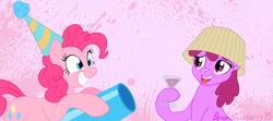 Size: 866x384 | Tagged: safe, artist:brianblackberry, berry punch, berryshine, pinkie pie, earth pony, pony, alcohol, drink, food, grin, hat, lampshade, lampshade hat, new year, party cannon, party hat