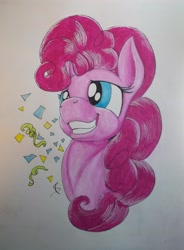 Size: 3093x4206 | Tagged: safe, artist:scribblepwn3, pinkie pie, earth pony, pony, bust, confetti, pen drawing, portrait, smiling, solo, traditional art, watercolor painting