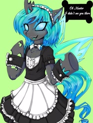 Size: 1200x1600 | Tagged: dead source, safe, artist:rainbowscreen, oc, oc only, oc:jewel, changeling, changeling queen, semi-anthro, blue changeling, changeling oc, changeling queen oc, choker, clothes, dialogue, female, green background, maid, maid headdress, simple background, solo