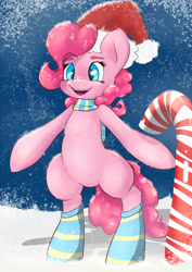 Size: 3307x4677 | Tagged: safe, artist:angelwing314, pinkie pie, earth pony, pony, bipedal, candy, candy cane, christmas, clothes, food, hat, santa hat, scarf, snow, snowfall, socks, solo, striped socks