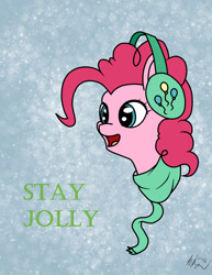 Size: 1024x1325 | Tagged: safe, artist:moonsolace, pinkie pie, earth pony, pony, clothes, earmuffs, scarf, solo, winter