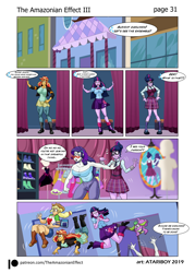 Size: 2726x3802 | Tagged: safe, artist:atariboy2600, artist:bluecarnationstudios, applejack, rarity, sci-twi, spike, spike the regular dog, sunset shimmer, twilight sparkle, dog, human, mouse, comic:the amazonian effect, comic:the amazonian effect iii, equestria girls, applerack, breasts, busty sci-twi, clothes, glasses rarity, headlight sparkle, incoming transformation, muscles, raritits, rarity's glasses, skirt, sunset jiggler, this will not end well