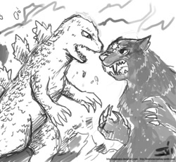 Size: 850x778 | Tagged: safe, artist:johnjoseco, kaiju, ursa major, crossover, fight, godzilla, godzilla (series), grayscale, monochrome