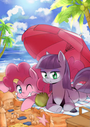 Size: 1000x1414 | Tagged: safe, artist:caibaoreturn, part of a set, boulder (pet), maud pie, pinkie pie, earth pony, pony, beach, bikini, bra, clothes, cloud, coconut, drinking, female, food, mare, one eye closed, picnic basket, rock, sand, sandcastle, seasons, sisters, sky, smiling, starfish, straw, summer, swimsuit, umbrella, underwear, water