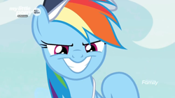 Size: 1366x768 | Tagged: safe, derpibooru import, screencap, rainbow dash, pegasus, pony, common ground, cap, discovery family logo, hat, solo