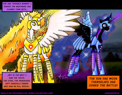 Size: 2700x2100 | Tagged: safe, artist:arconius, nightmare moon, nightmare star, princess celestia, alicorn, pony, fight, glowing horn, magic